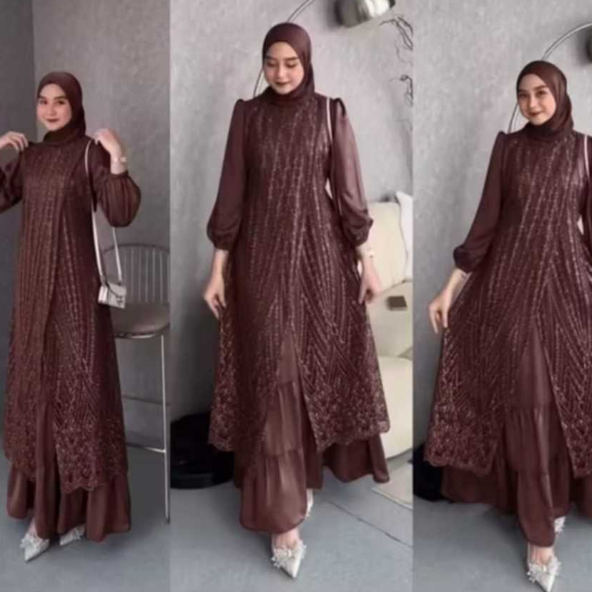 Gamis Olivia Bahan Velvet Satin Variasi Brukat Tile Mutiara Baju Seragam Kondangan Pesta Mewah
