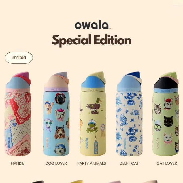 TUMBLER STAINLESS OWALA MIRROR FREESIP LOGO & MOTIF 24OZ & 32OZ DENGAN GAGANG TAHAN DINGIN PANAS