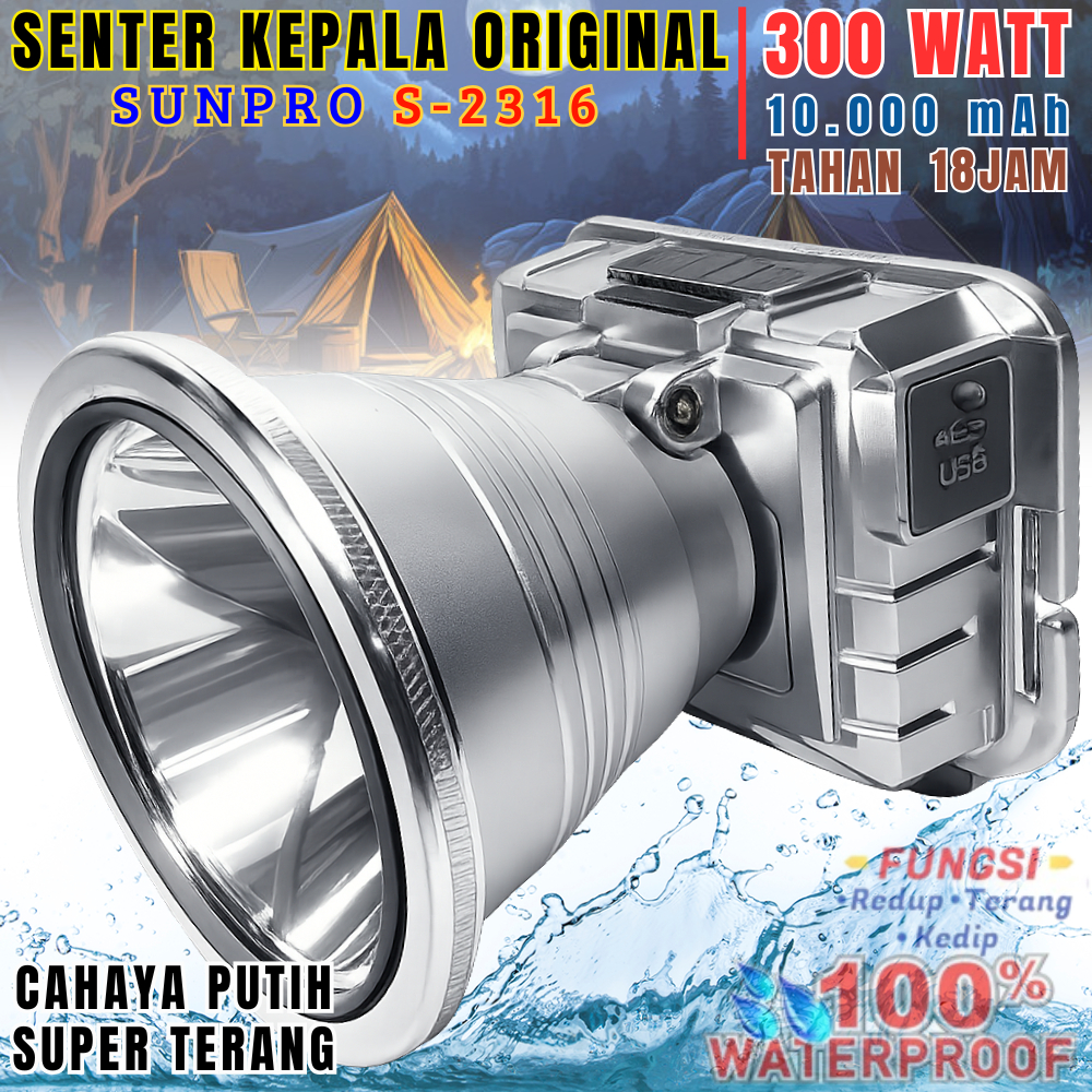 Headlamp/Senter Kepala Sunpro S-2316 Led 300 Watt Super Terang | Senter Kepala Cas Anti Air Cahaya P