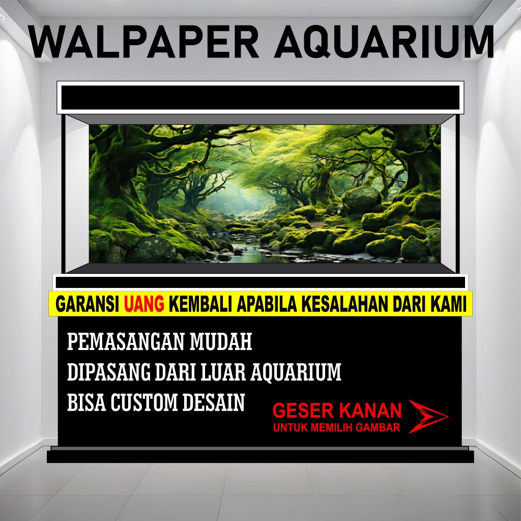 beground aquarium, background wallpaper aquarium belakang 3d, hiasan aquarium air terjun hutan