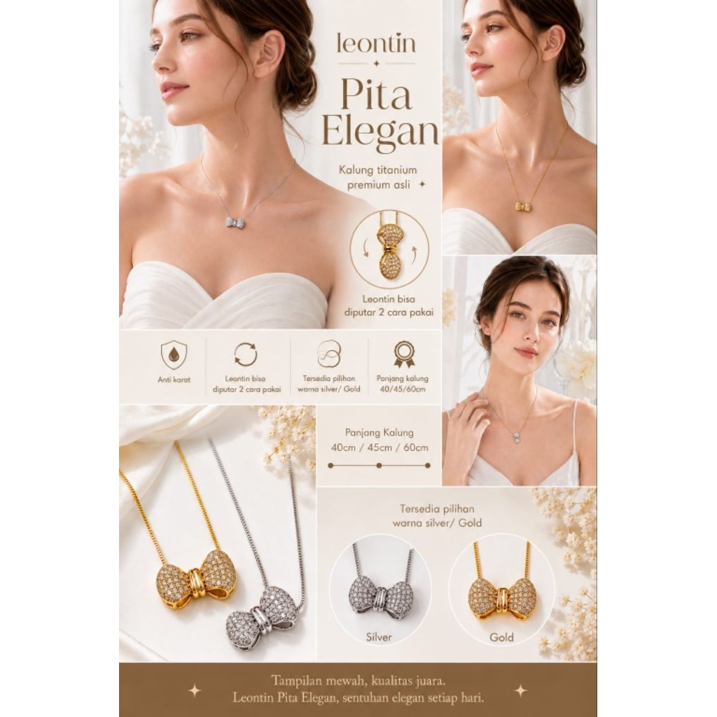 Kalunlg Wanita Model Italy Santa Titanium Asli Dengan Tiga Pilihan Ukuran Liontin Bentuk Pita Dengan