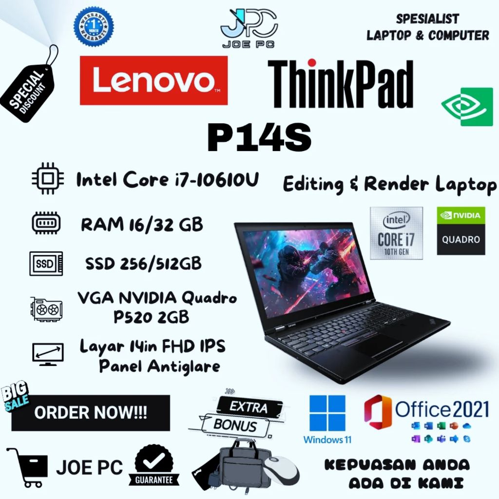 Laptop Editing Render Lenovo Thinkpad P14s Intel Core i7 Gen 10th RAM 16GB SSD 512GB VGA Nvidia Quad