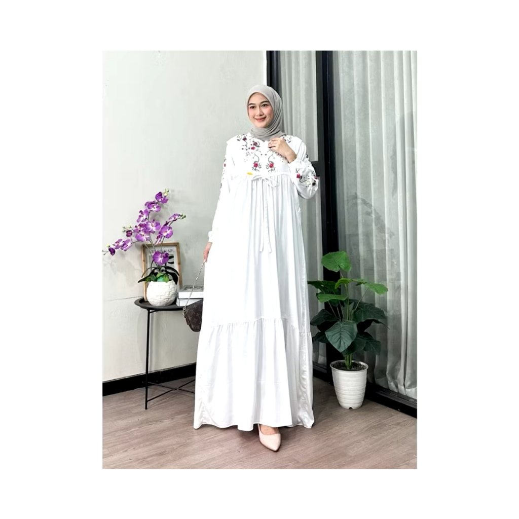 Amanda Maxi Dress Gamis Bordir Bahan Rayon Twill LD 120 Tebal dan Halus Twill Premium
