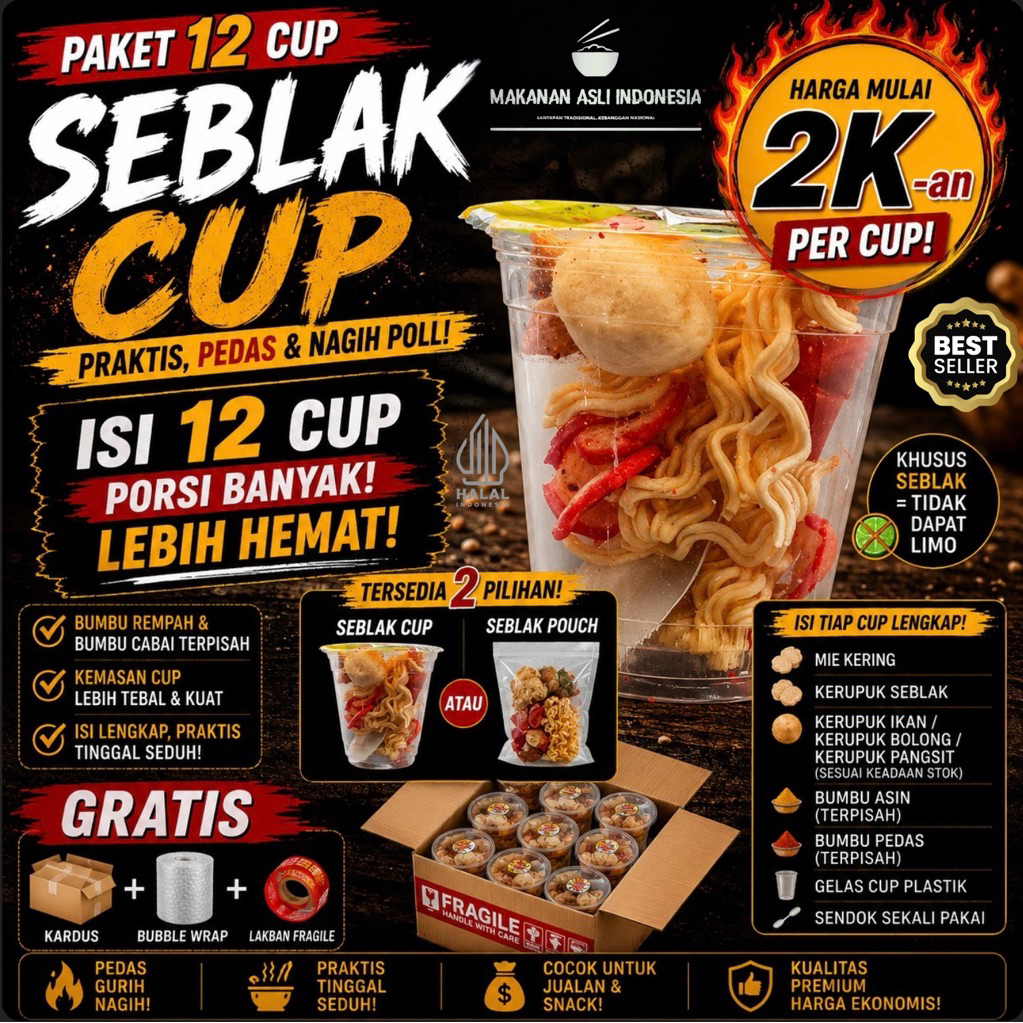 Seblak Instan Isi 12 Cup Gratis Box Kardus Seblak Mie Kuah Lebel Pedas Atur suka suka Murah
