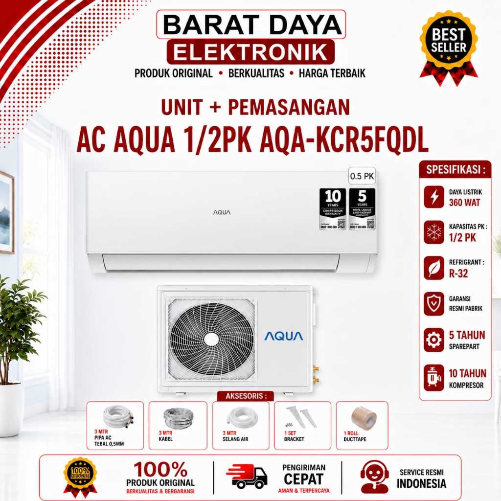 AC AQUA AC Standard 1/2 PK dan 1PK [INDOOR + OUTDOOR] + INSTALASI +AKSESORIS