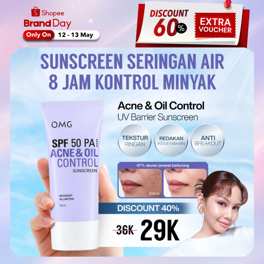 NEW! OMG Acne & Oil Control UV Barrier Sunscreen SPF50 PA++++ I Mengandung  Mugwort + Allantoin + Sa