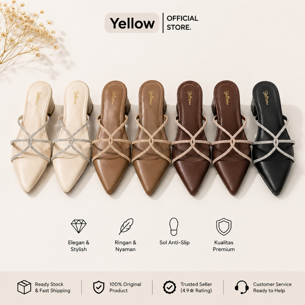 Yellow bella Sandal Slop Heels 5cm Tali Permata Blink Blink Korean Style Sendal Hak Tahu Slip On Kek
