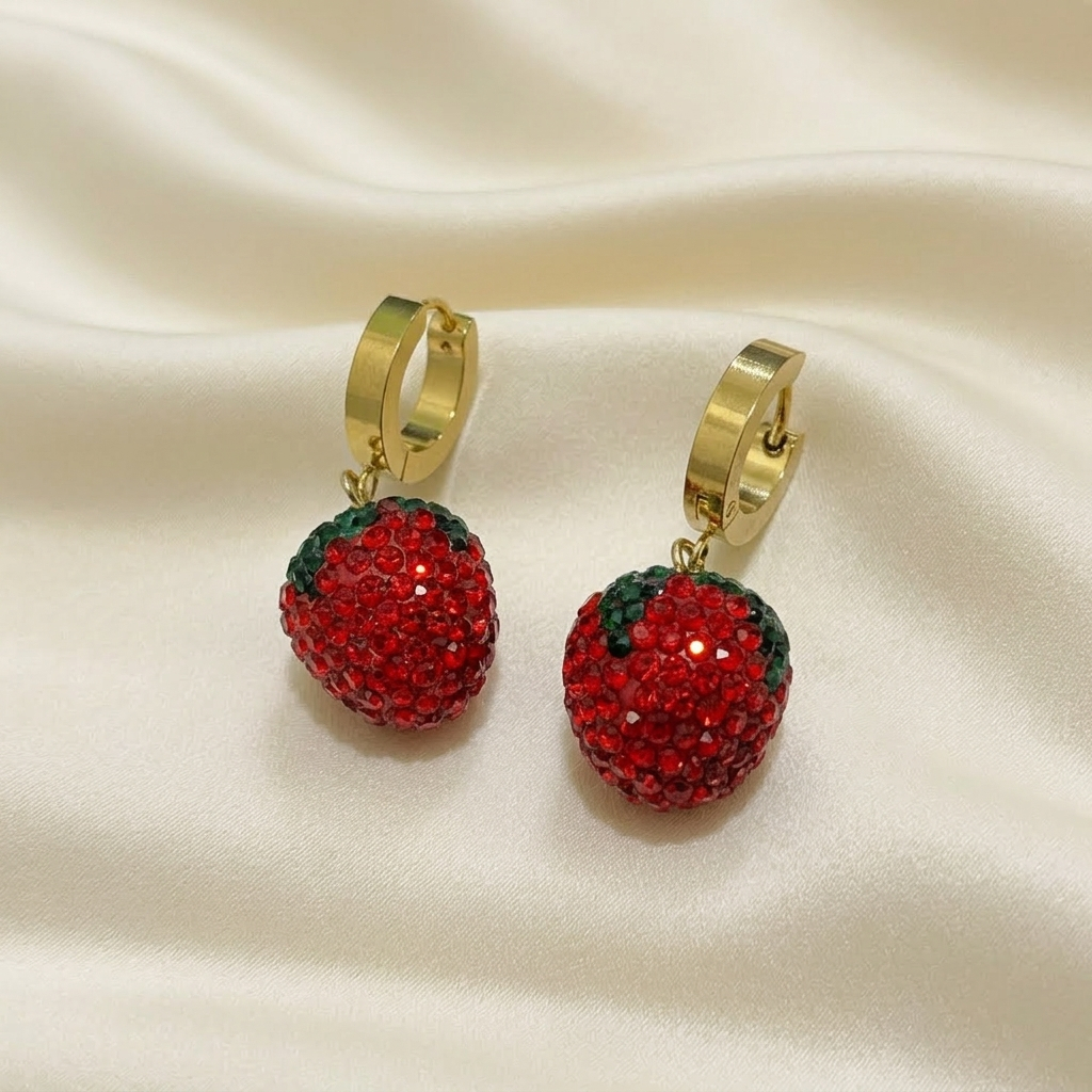 nting Jepit Titanium Hoop Strawberry Merah Permata Alesta- Anting Wanita Korea Lucu Cantik