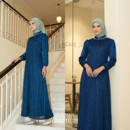 Gamis Elena Maxmara Mix Tile Plus Payet Mutiara Emerald Blue Premium Dress Pesta Lebaran 2026