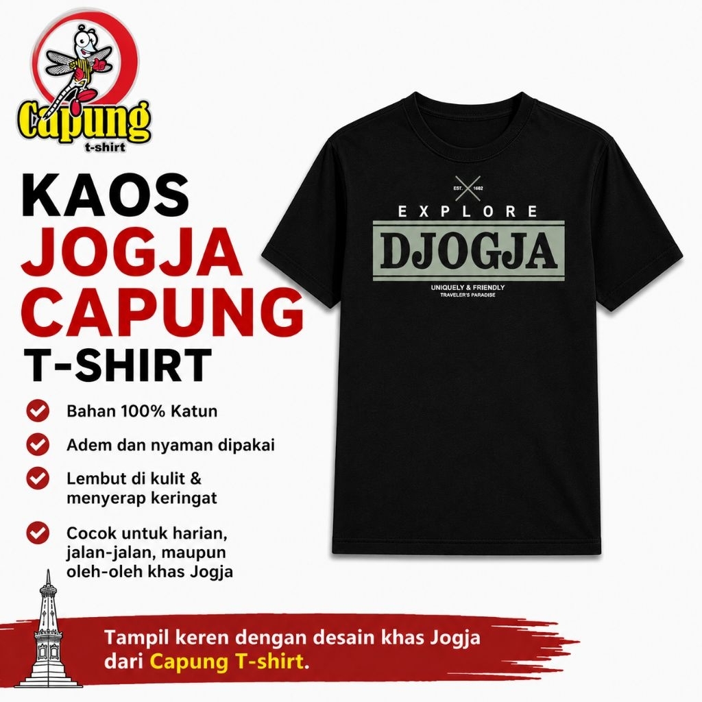 KAOS JOGJA SABLON ASLI JOGJA MEREK CAPUNG T-SHIRT KAOS JOGJA MOTIF EXPLORE JOGJA KAOS JOGJA OLEH OLE