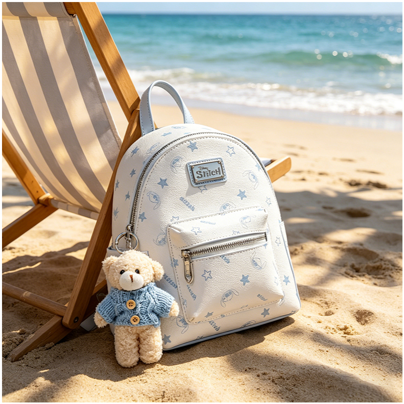 Tas Ransel Mini Wanita Motif Stitch Imut Tas Punggung Selempang 2in1 Kulit PU Warna Putih Biru Muda 