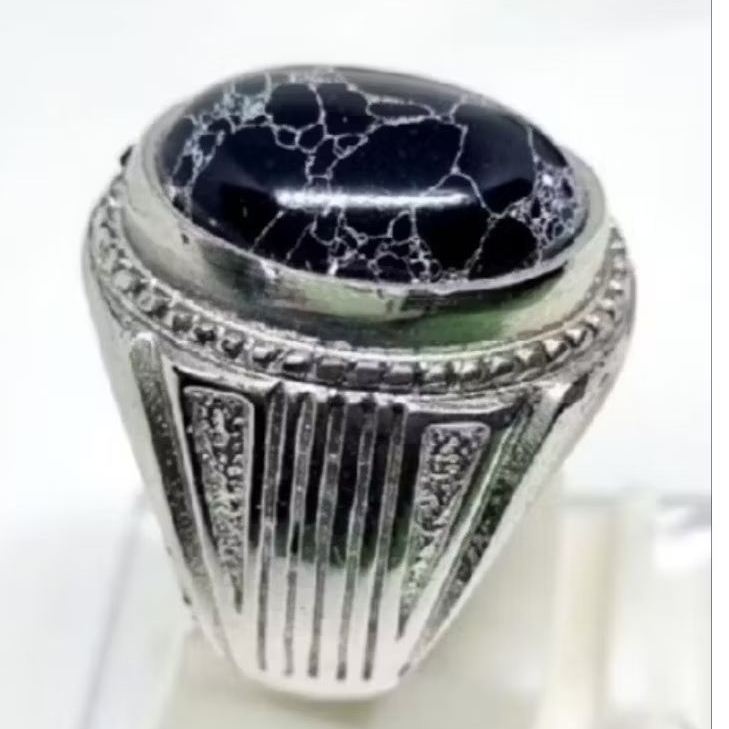 cincin batu akik pirus mesir hitam urat putih ring ALPAKA