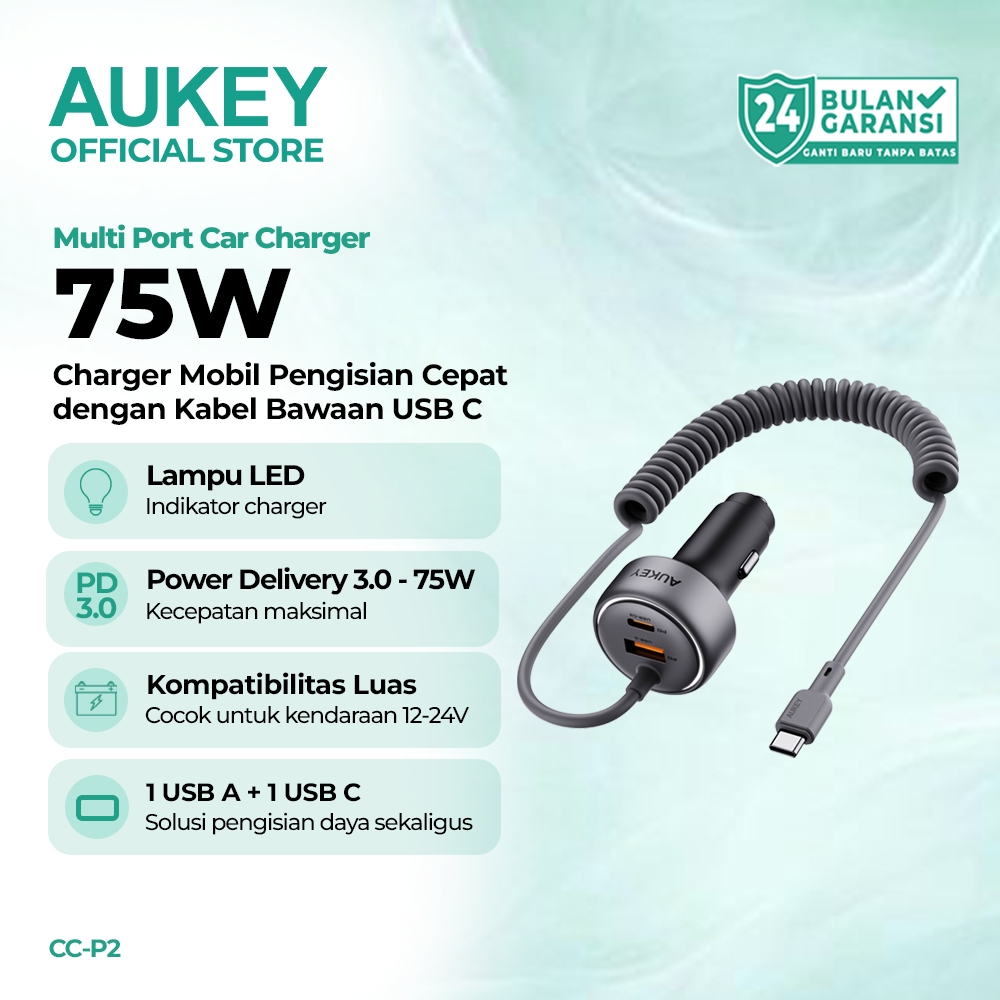 AUKEY Car Charger 75W Kabel USB C Bawaan Built In Kabel 3 Port Charger Mobil Fast Charging iPhone Sa