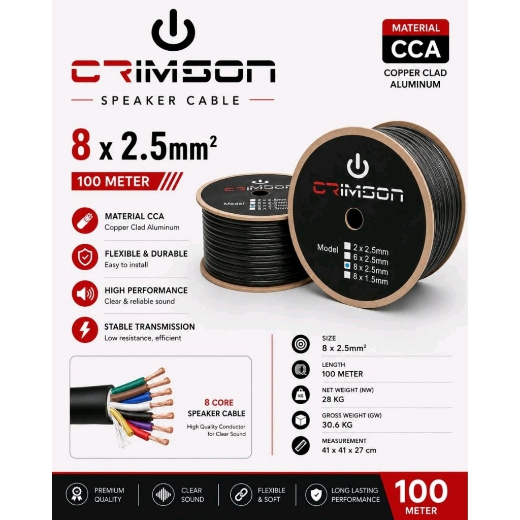 Kabel Speaker Crimson Isi 8 Ukuran 8 x 2.5mm  100 meter