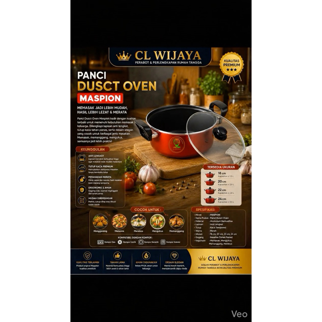 Maspion Panci Dutch Oven 24cm Merah Teflon Berkualitas Tinggi Anti Lengket dengan Tutup Kaca