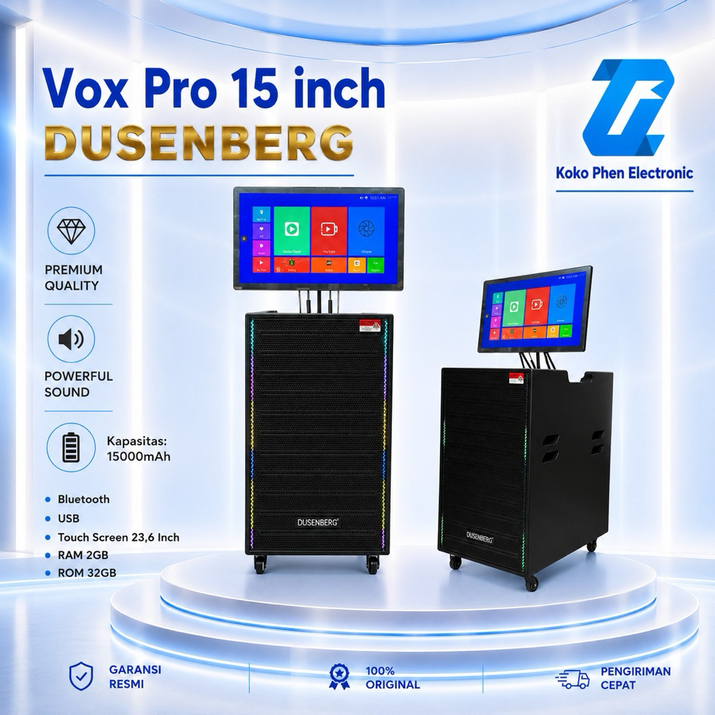 DUSENBERG Speaker Karaoke Portable VOX PRO 15 Inch Touchscreen 23.6 Inch 600W Bluetooth USB 2 Mic Wi