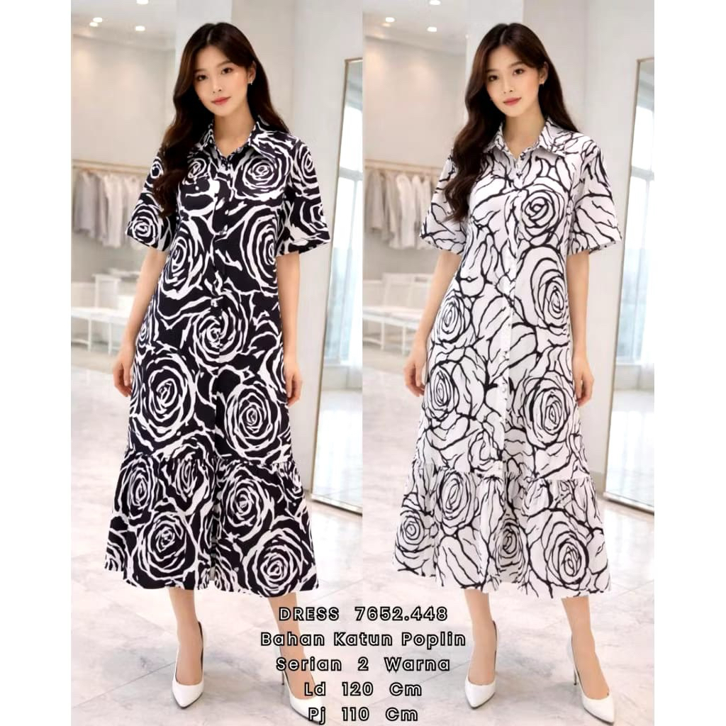 DRESS BUNGA MEKAR KATUN POPLIN / DRESS FULL CORAK BUNGA FASHION KOREA OVERSIZE 3XL LD120CM