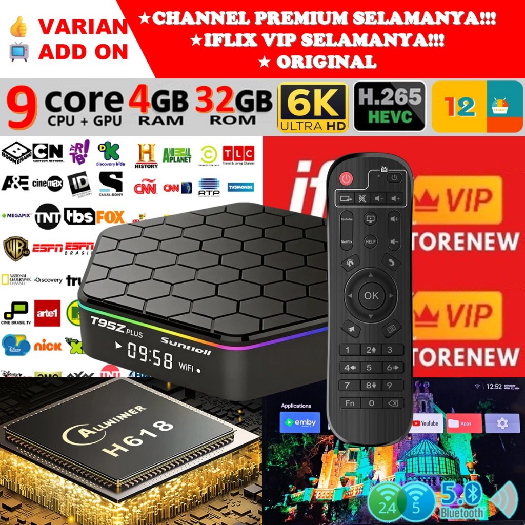 STB Android 12 Smart TV Box Android T95Z PLUS Ram 4GB Rom 32GB 4/32 Unlock Full Channel TV Iflix Tan