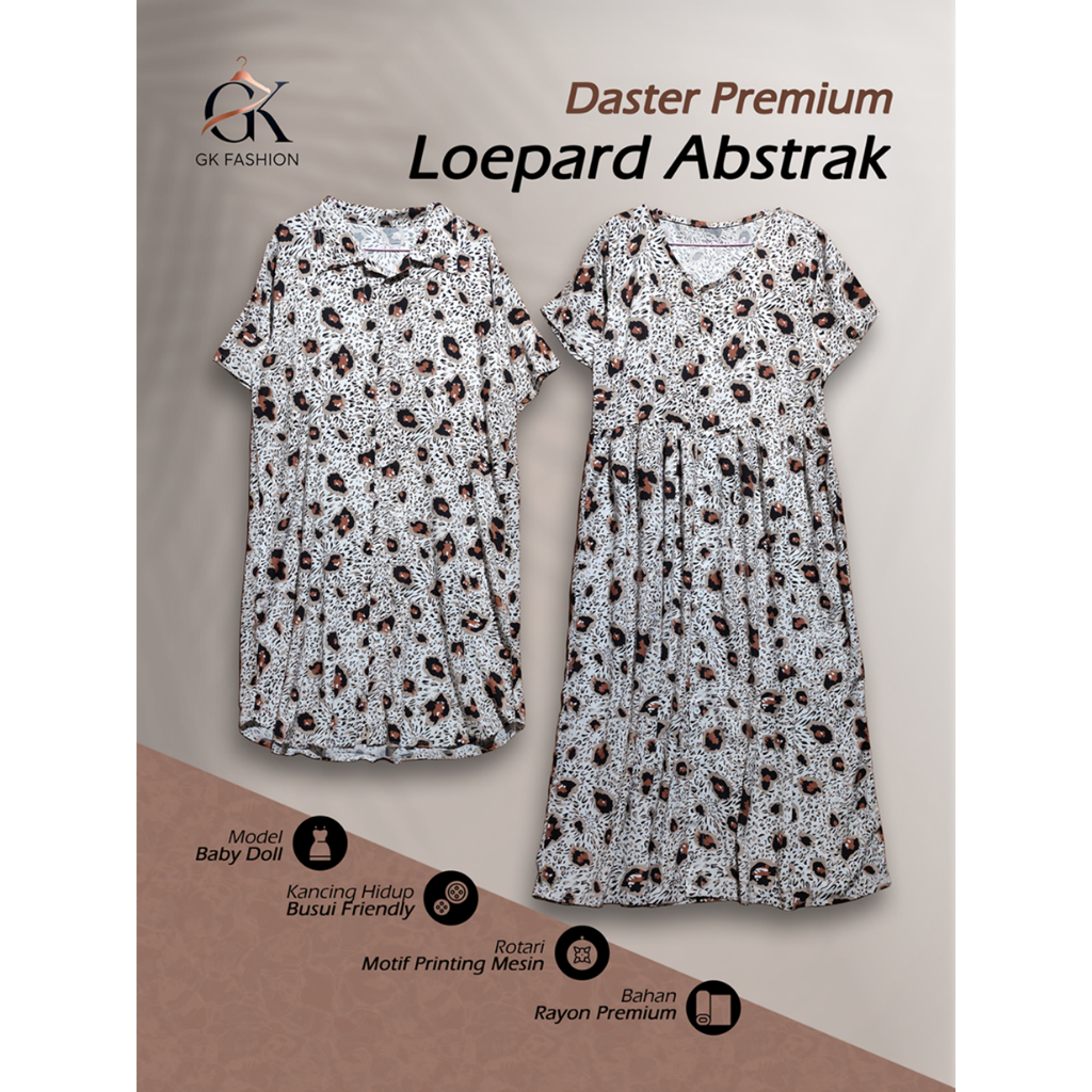 Daster Wanita Premium Rayon Viscose Motif Loepard Putih Abstrak | Baby Doll Rotari & Kancing Depan F
