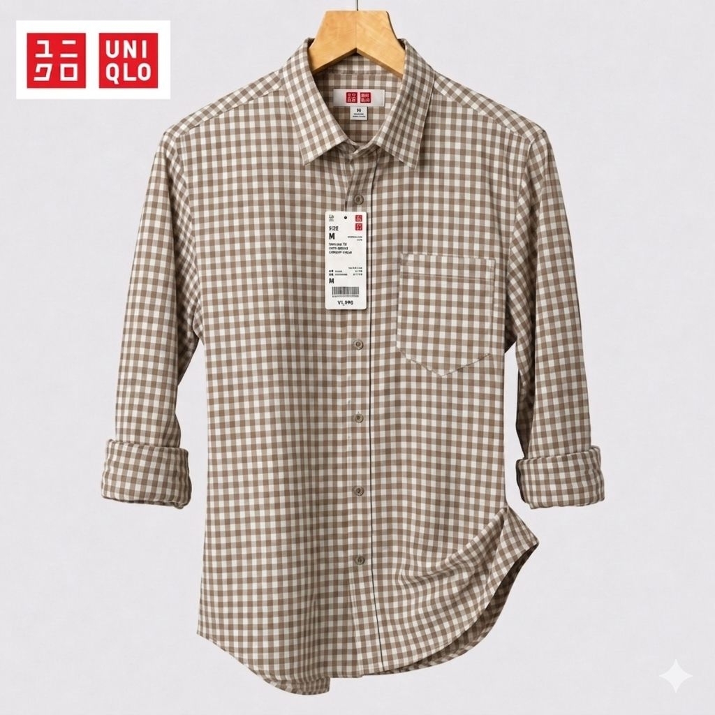 UNIQLO Kemeja Lengan Panjang Pria Motif Kota-Kotak Slim Fit