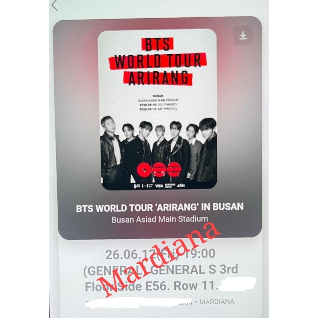 TIKET KONSER BTS BUSAN GENERAL S E56 ROW 11