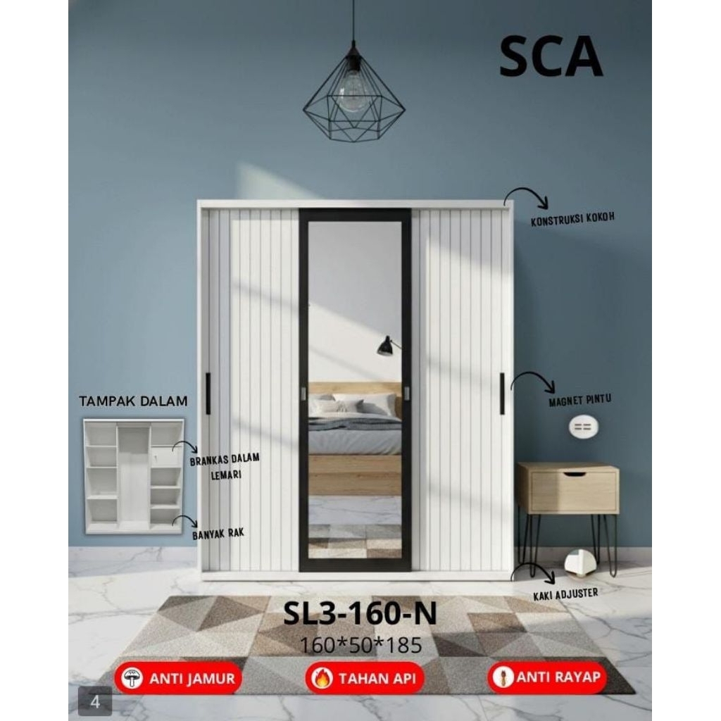 FAVY - Lemari Pakaian Besi Sliding 3 Pintu Lebar 160 Cm | Almari Baju Besi 3 Pintu Jumbo Full Cermin