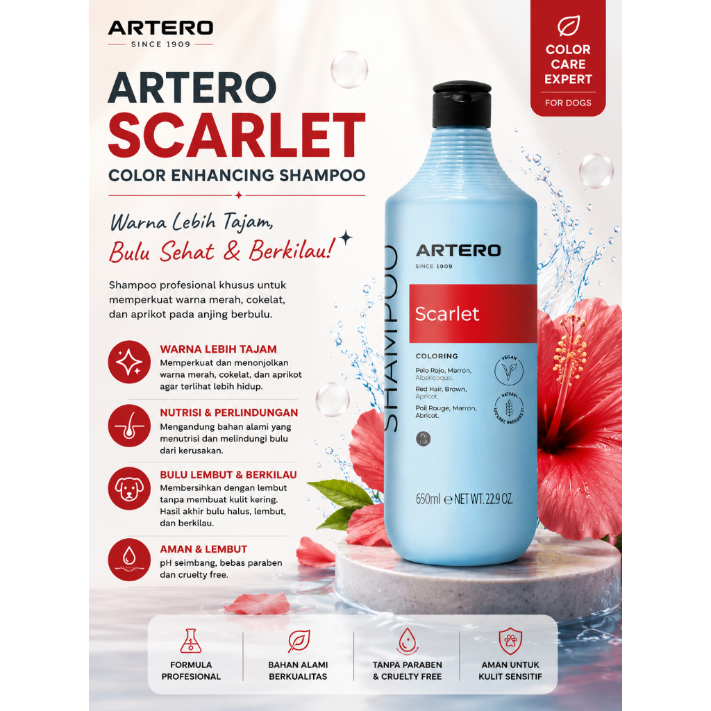 Artero Scarlet Shampoo Anjing untuk Warna Bulu Red Brown Apricot Chocolate Poodle Grooming Premium -