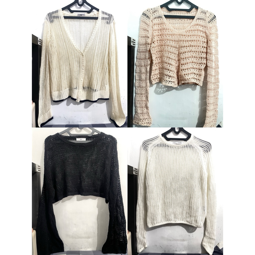 prelov atasan atasan jaring rajut, crop top, outer, cardigan warna putih hitam pink broken white pre