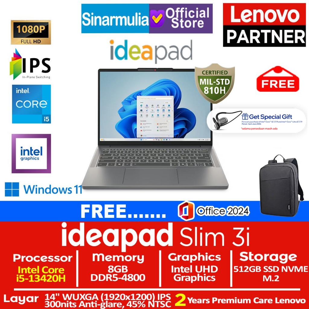 Lenovo Ideapad Slim 3i i5-13420H 512GB SSD 8GB WUXGA IPS Win11+OHS