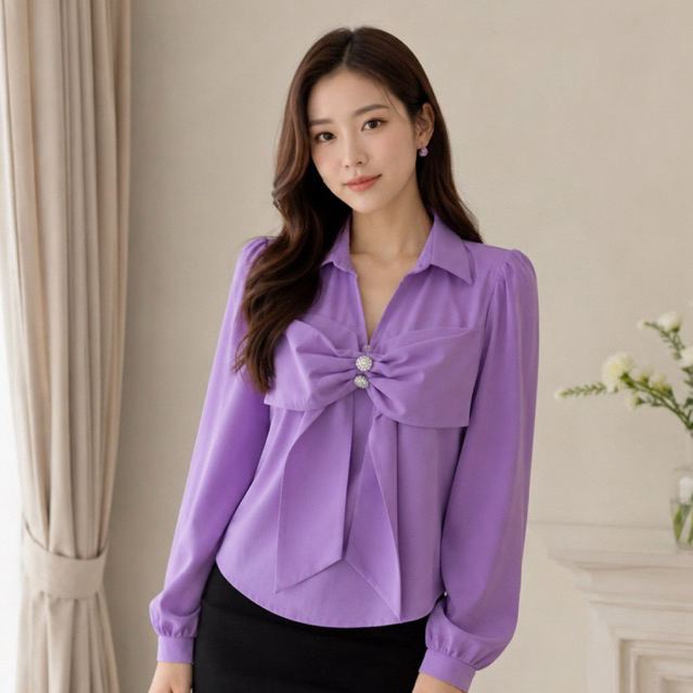 blouse pita ungu lilac baju berkerah wanita korea lucu pastel manis kemeja lengan panjang