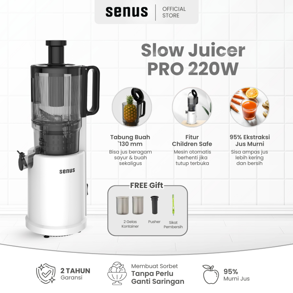 SENUS Slow Juicer Pro | Pengekstrak Buah Tanpa Ampas Ukuran Besar 1400ml 220W