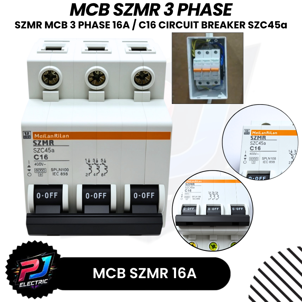 MCB Szmr 3 Phase 16A Putih MeilanRilan Szc45a C16 Mini Circuit Breaker MCB 3P 16 Ampere SZMR Origina