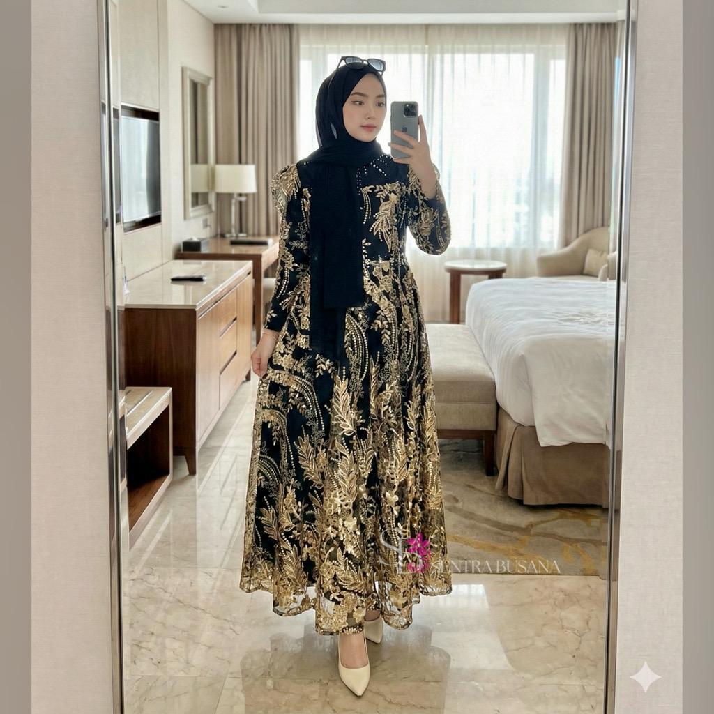 Gamis Tile Hitam Bordir Gold Permata Baju Lebaran Busana Muslim 70801 56