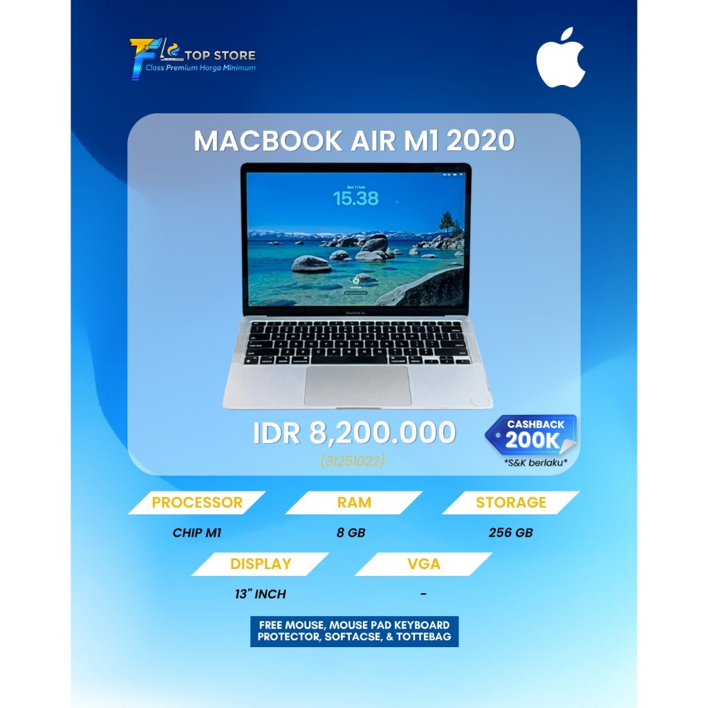 LAPTOP MACBOOK AIR APPLE AIR 2020 M1 RAM 8GB SSD 256GB | WARNA STARLIGHT | LAPTOP AUTOCAD | SUPER SL