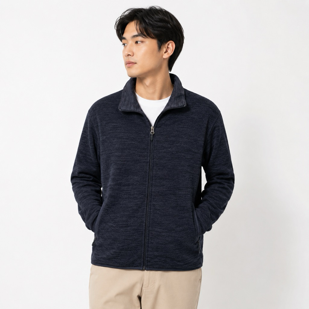Jacket Casual Ziper Tracktop Uniqlo Fleece Motif Serat Kayu Polar Tech Original