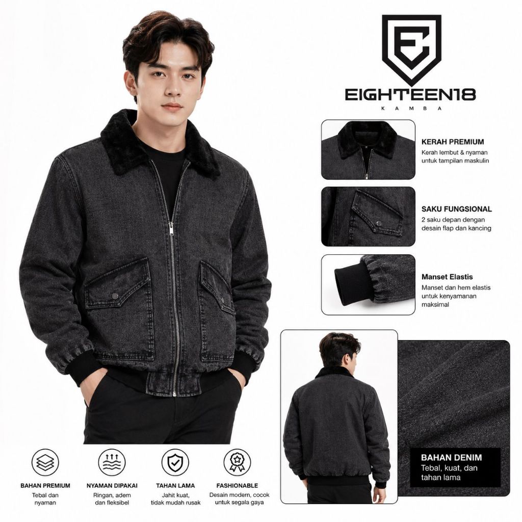 Kamba.store jaket jeans pria jaket bomber krah dilan swade hitam resleting casual motif polos