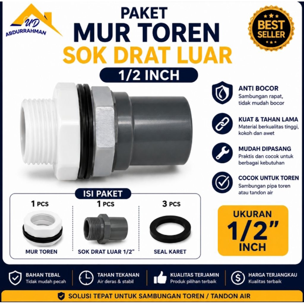Paket Mur Toren / Tandon dan Sok Drat Luar SDL Pipa PVC Socket 1/2 inch