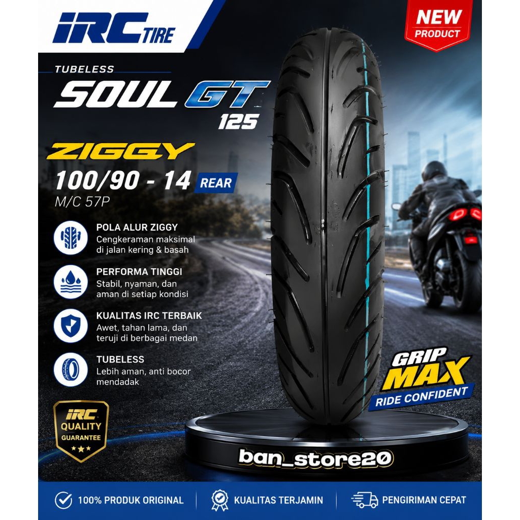 Ban belakang tubeless IRC SOUL GT 125 ukuran 100/90 ring 14 IRC ZIGGY