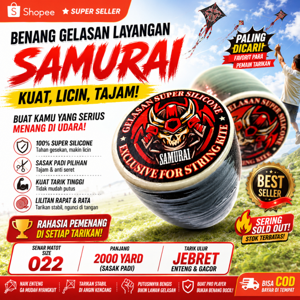 Benang Layangan Gelasan Tajam SAMURAI Size : 0.22 Senar Matot Panjang : 2000 Yard Sasak Padi
