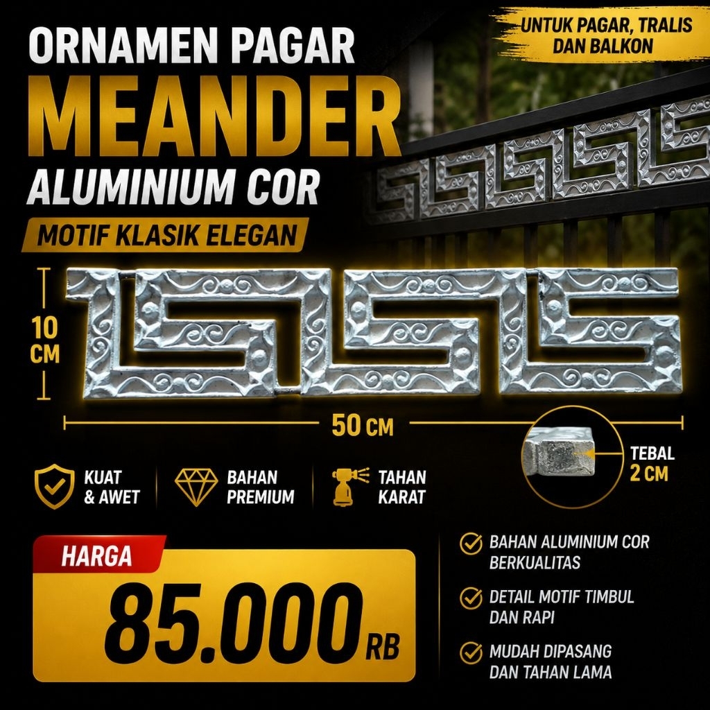 Ornamen Pagar Minimalis Lis Kotak Aluminium Cor 50cm Aksesoris Gerbang Besi Tempa Modern