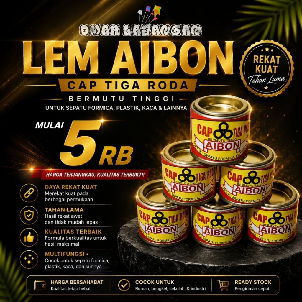 Lem AIBON CAP TIGA RODA, lem plastik, lem layangan kalengan