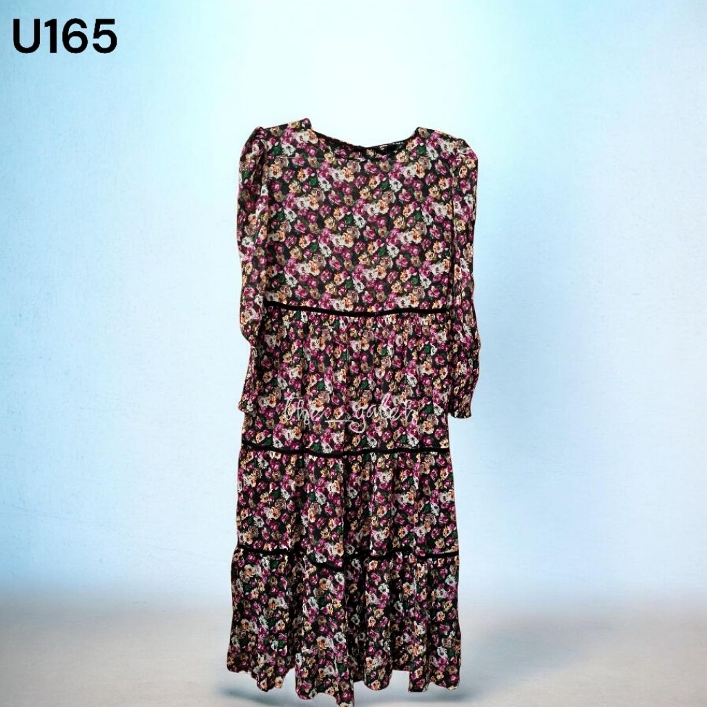 U165 Preloved Zara Original 100% Baju Dress Tunik Hitam mix Pink Motif Bunga Bagus Murah