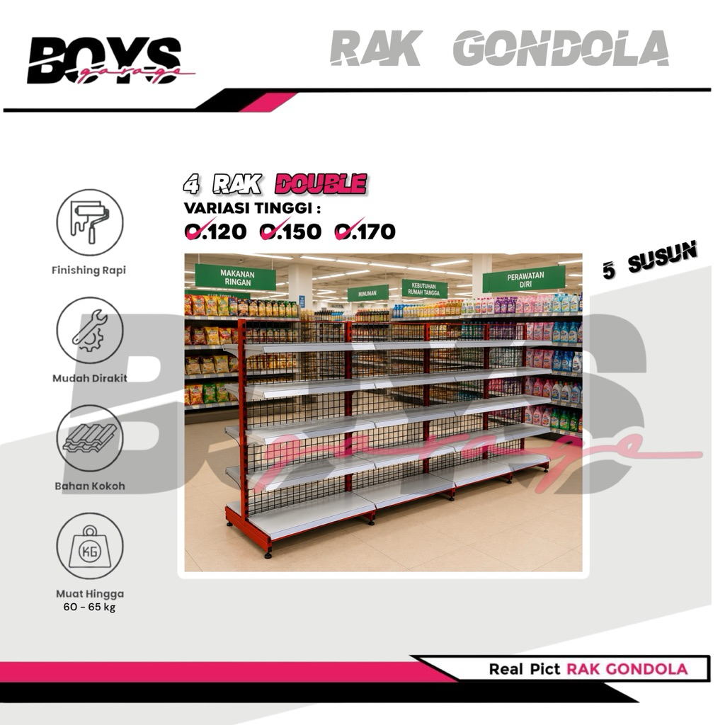Rak Minimarket 4 Paket Hemat - 5 Susun , 4 Rak Gondola Minimarket Double 1 Starting - 3 Jointing