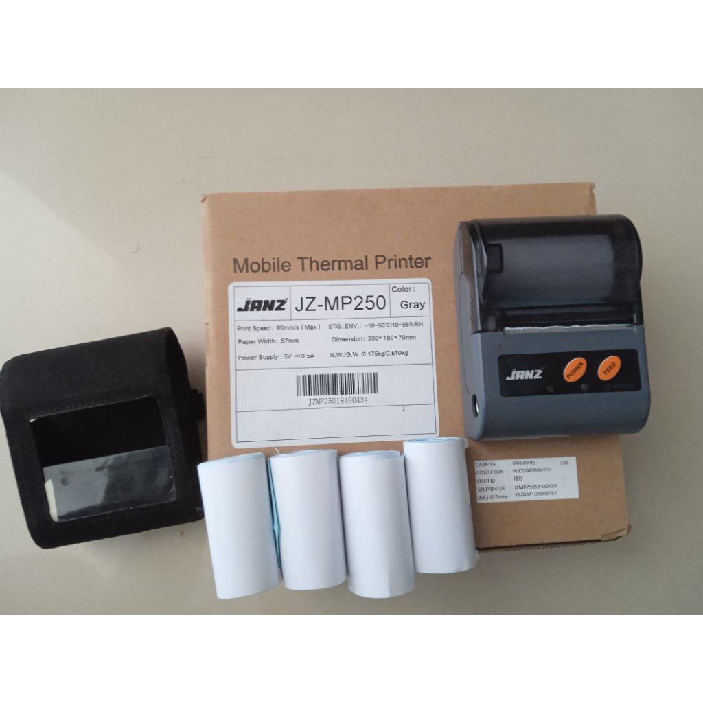 Printer Thermal Bluetooth Janz JZ-MP250 58MM Cetak Nota Resi Label sticker free leather case+4 label