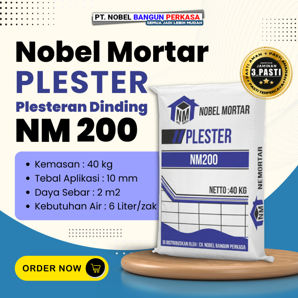 Nobel Mortar Plester Dinding Semen Instan Praktis & Kuat 40kg - Solusi Dinding Rapi Anti Retak (Bisa