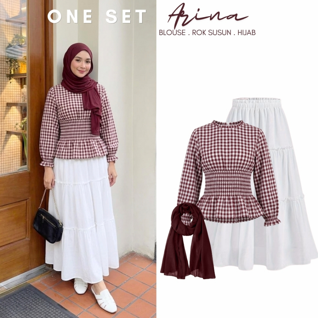 One Set Blouse Kotak-kotak Merah Marun, Rok Susun Putih, Hijab Jersey Modern / Outfit Remaja OOTD Ke