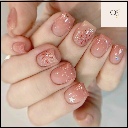 Kuku Palsu (FREE LEM) Motif Kembang Api Tahun Baru Bintang Nude Elegan Kuku Nail Art Premium Wisuda 
