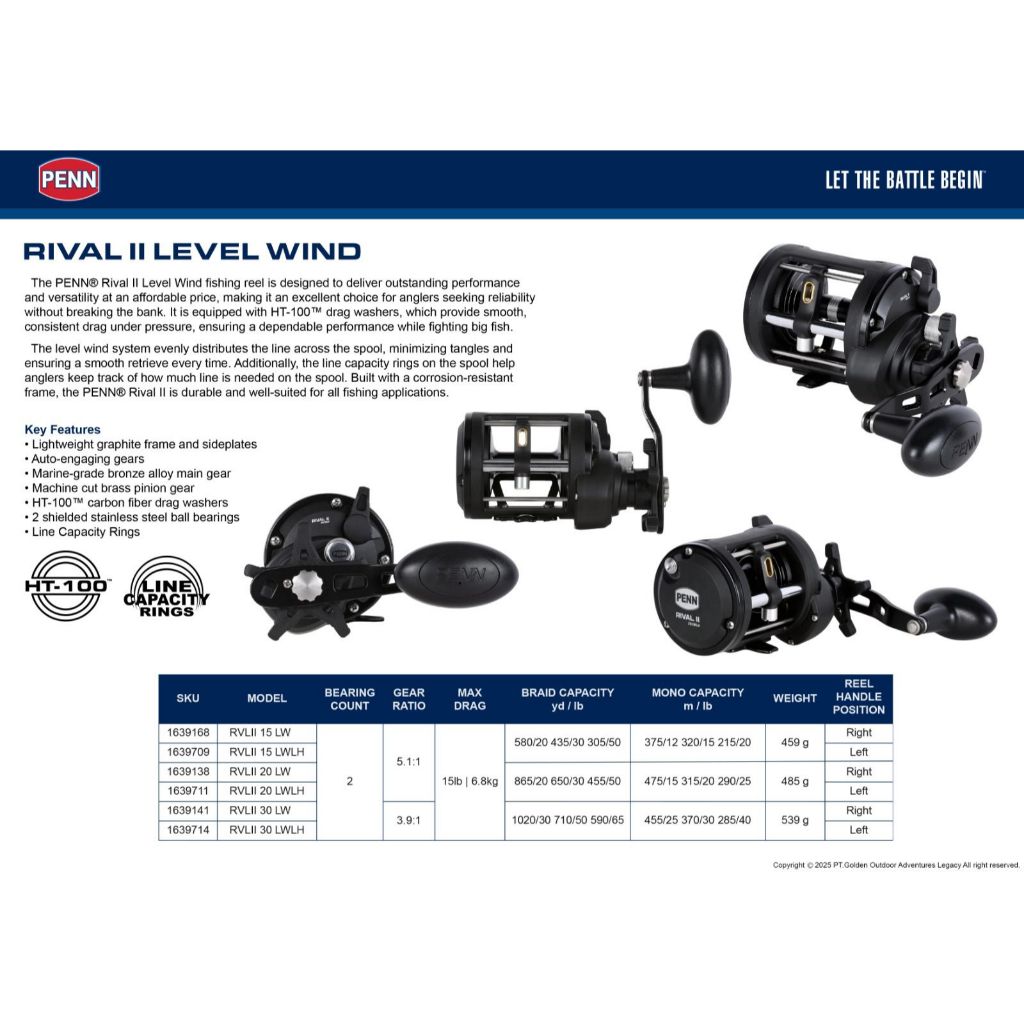 Reel OVERHEAD PENN RIVAL II Level Wind (LEFT HANDLE)
