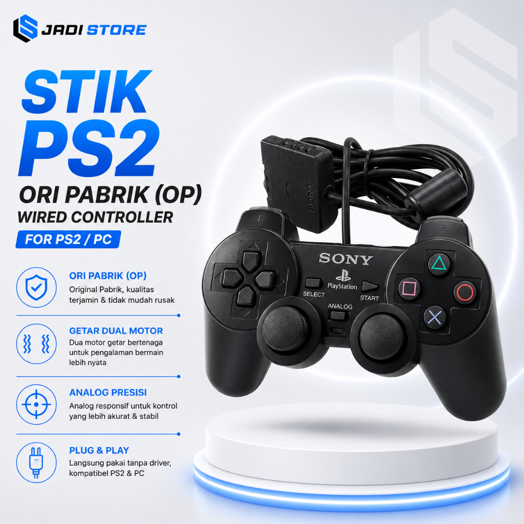 Stik PS2 Ori Pabrik Stick Playstation 2 Getar Kabel Controller PS2 Wired Berkualitas Tombol Empuk Re