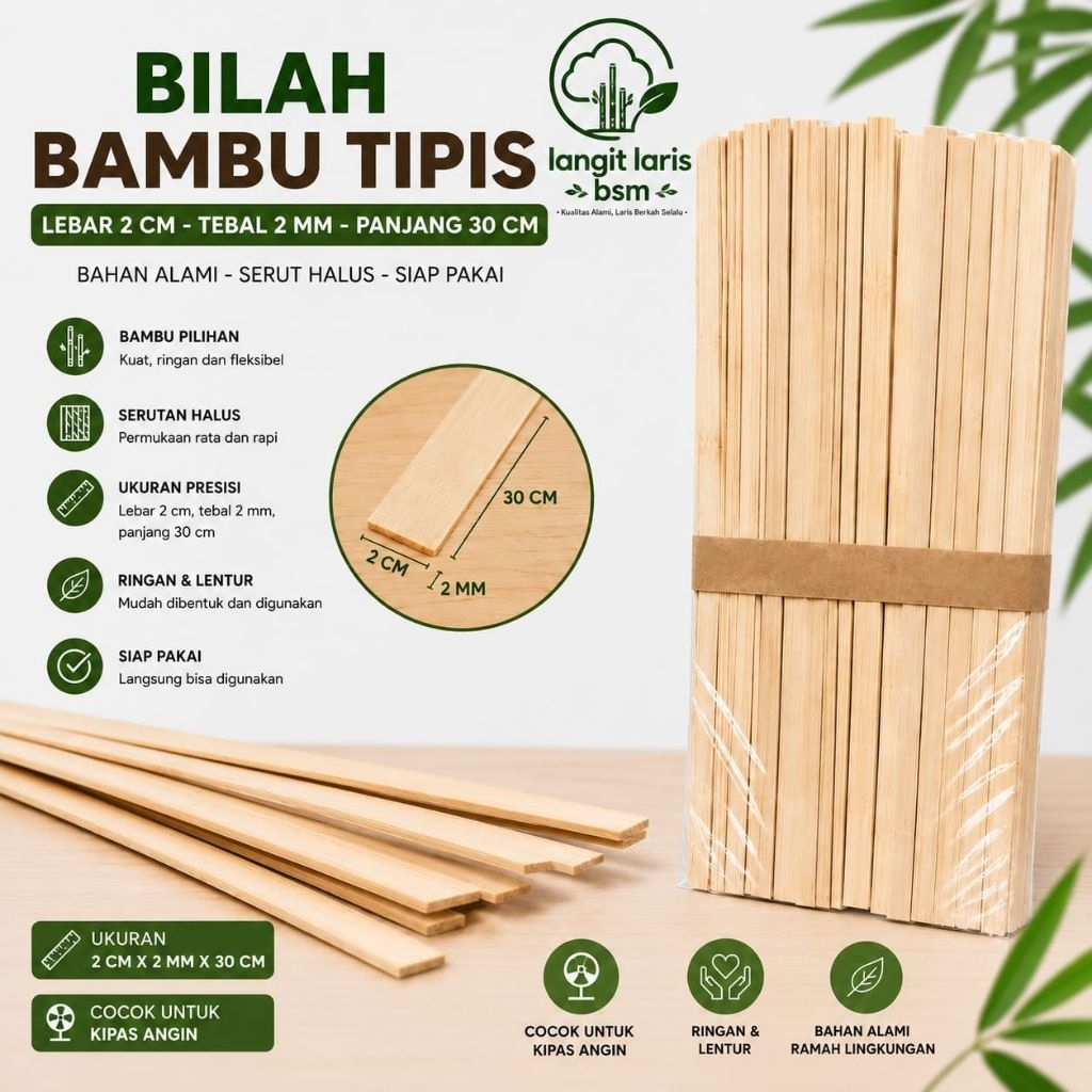 Bilah Bambu Tipis 2cm x 2mm x 30cm Serut Halus Bambu Petung Untuk Kipas Angin Kerajinan & DIY